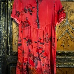 Red Floral Dress with Bird Design